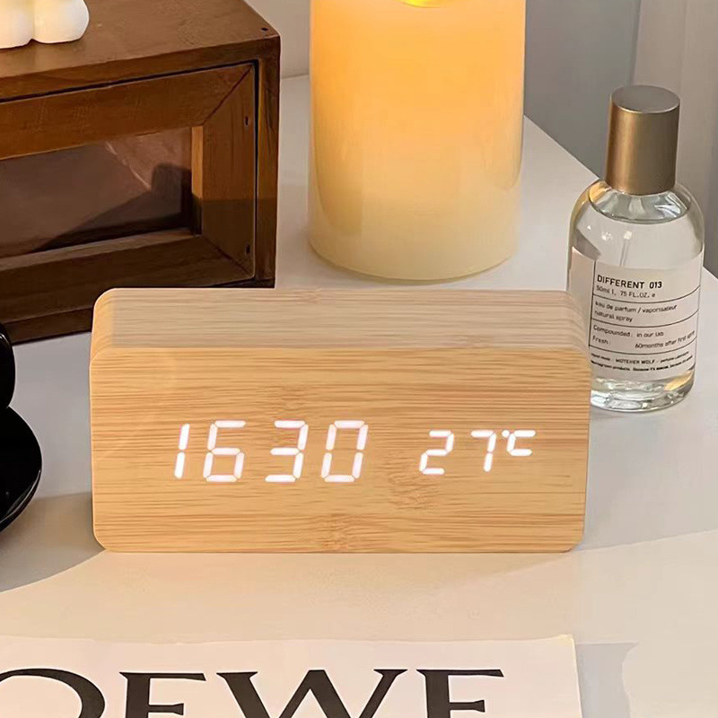 Led Desk Clock - デジタル目覚まし時計 木製 LED 置時計 温度付き 寝室