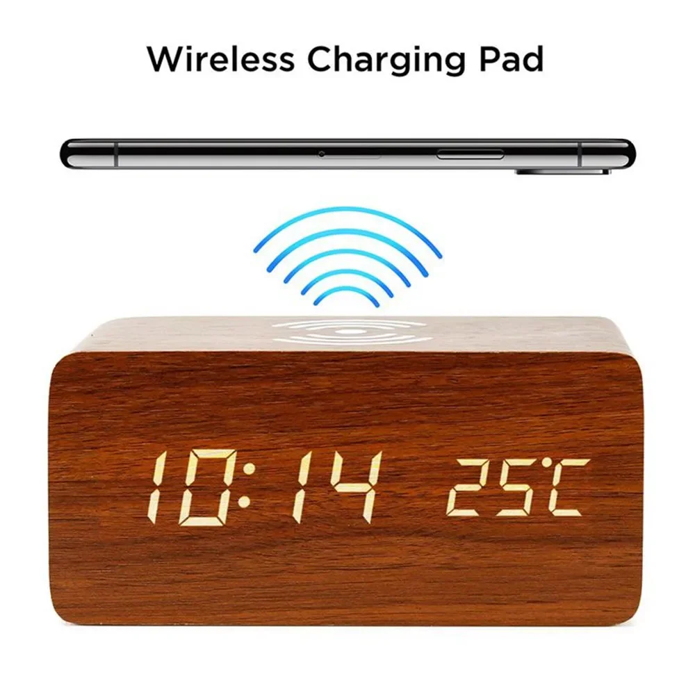 Led Desk Clock - 目覚まし時計 LED デジタル木製 USB/AAA 電源テーブルウォッチ 温度湿度ワイヤレス充電電子卓上時計