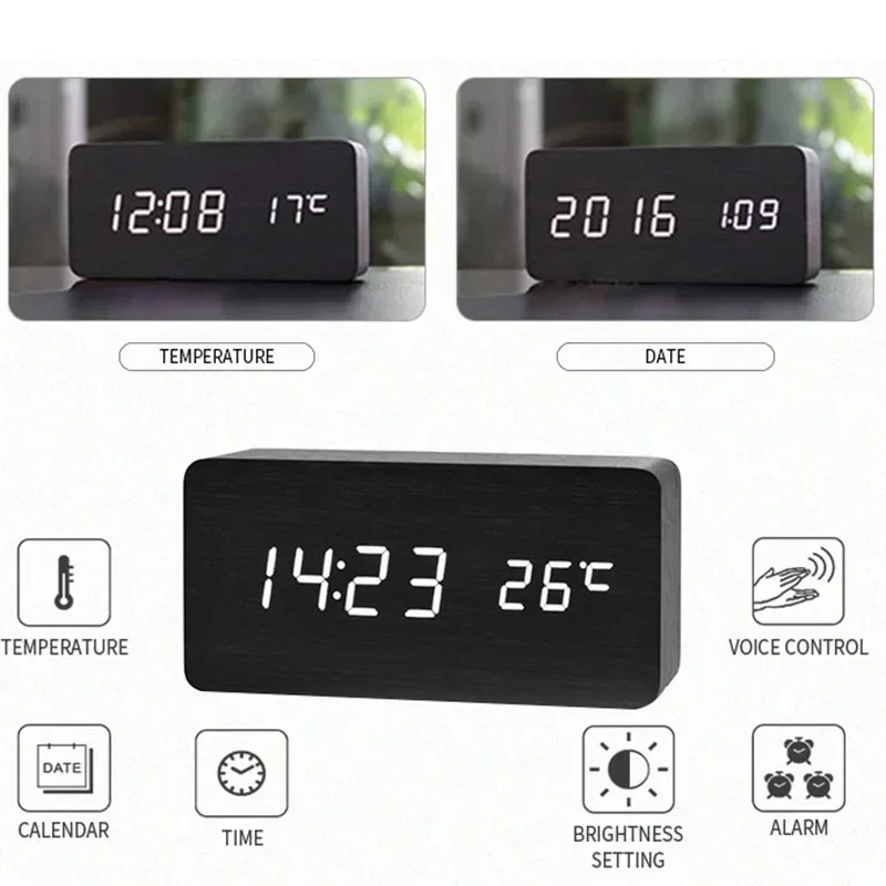 デジタル目覚まし時計 木製 LED 置時計 温度付き 寝室  - Led Desk Clock のレビューと価格
