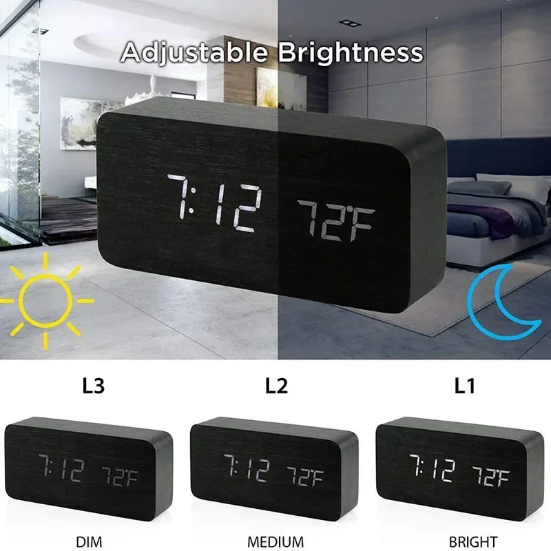 デジタル目覚まし時計 木製 LED 置時計 温度付き 寝室  - Led Desk Clock のレビューと価格