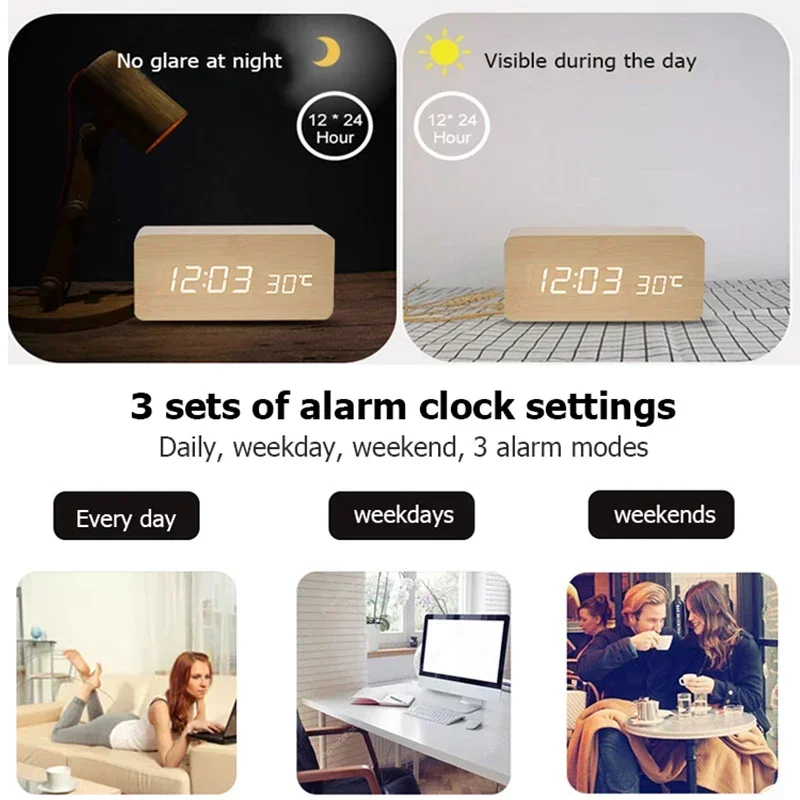 デジタル目覚まし時計 木製 LED 置時計 温度付き 寝室  - Led Desk Clock のレビューと価格
